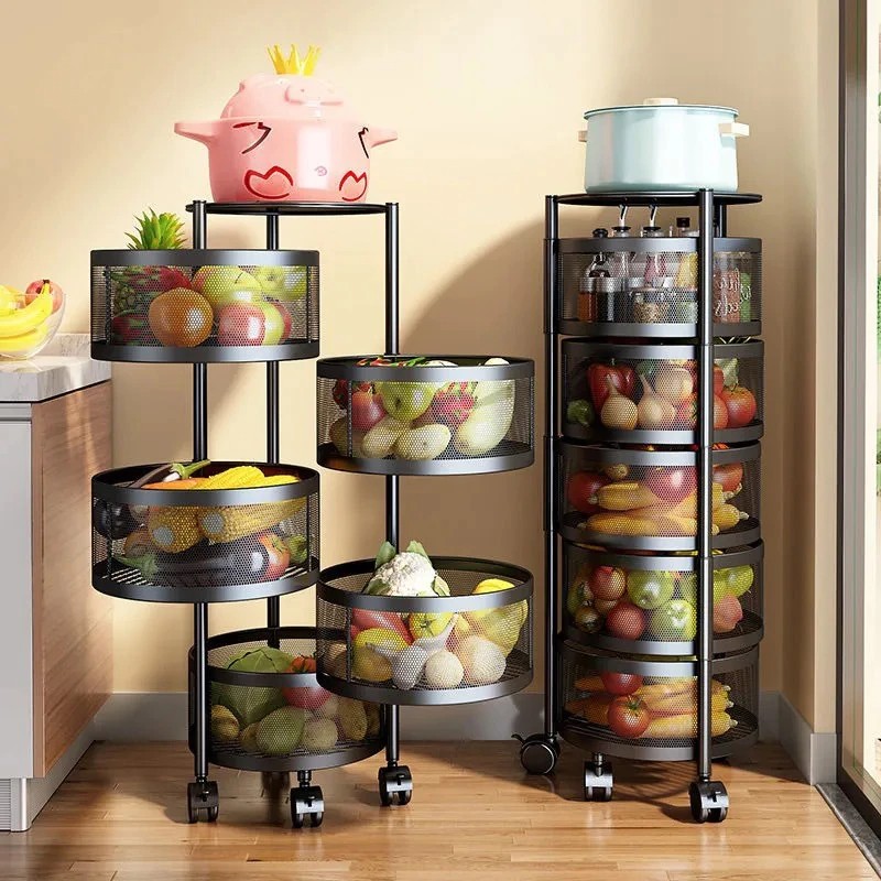 622ef9e7ad1ff Stainless Steel 5 Layers Kitchen Rotating Shelf 360 Degree Baskets Fruit Vegetable Storage Rack Floor Round Shelf with Wheels - Image 1